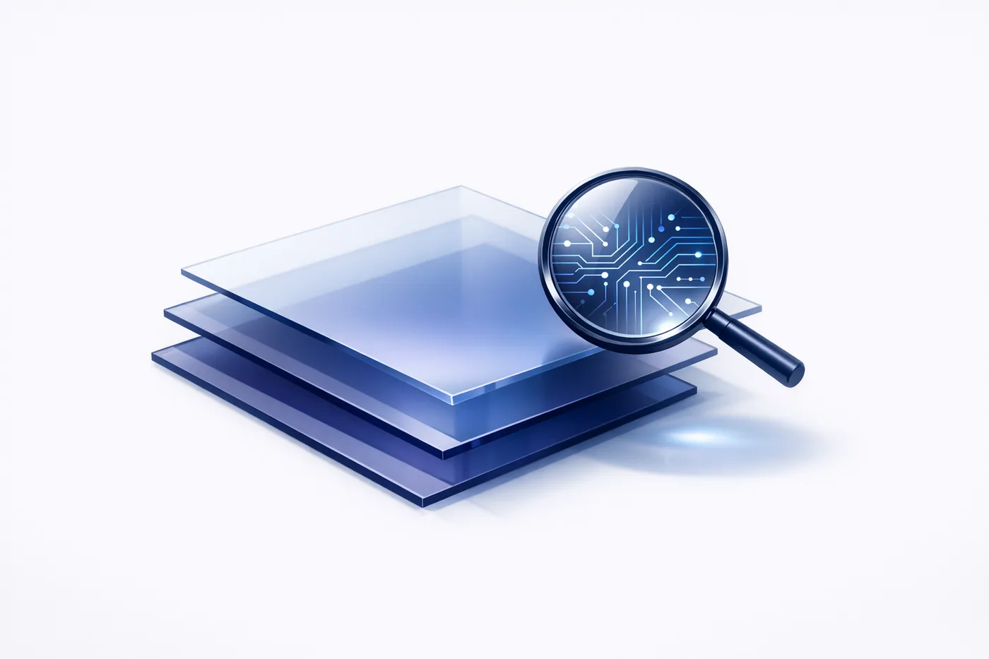 Layered translucent panels examined under a magnifying lens